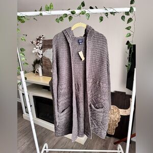 NWT American Eagle Brownish Gray Knit Hooded Open Front Cardigan L XL Hygge New